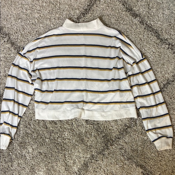 Retro Striped Mock Neck Sweater - White with Navy & Yellow Stripes - Picture 3 of 3